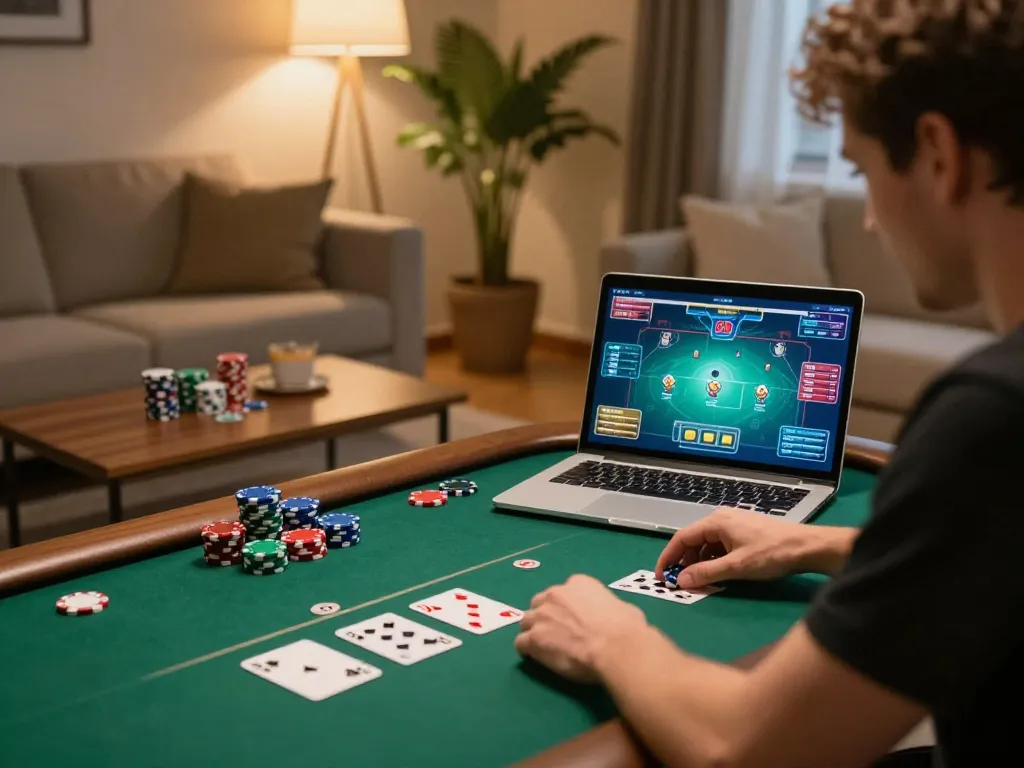 Player engaged in a strategic game on uk88 com, showcasing online poker excitement in a cozy atmosphere.