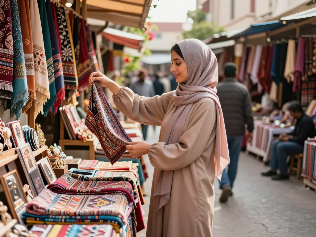 Elegant woman in a hijab browsing colorful fabric market stalls