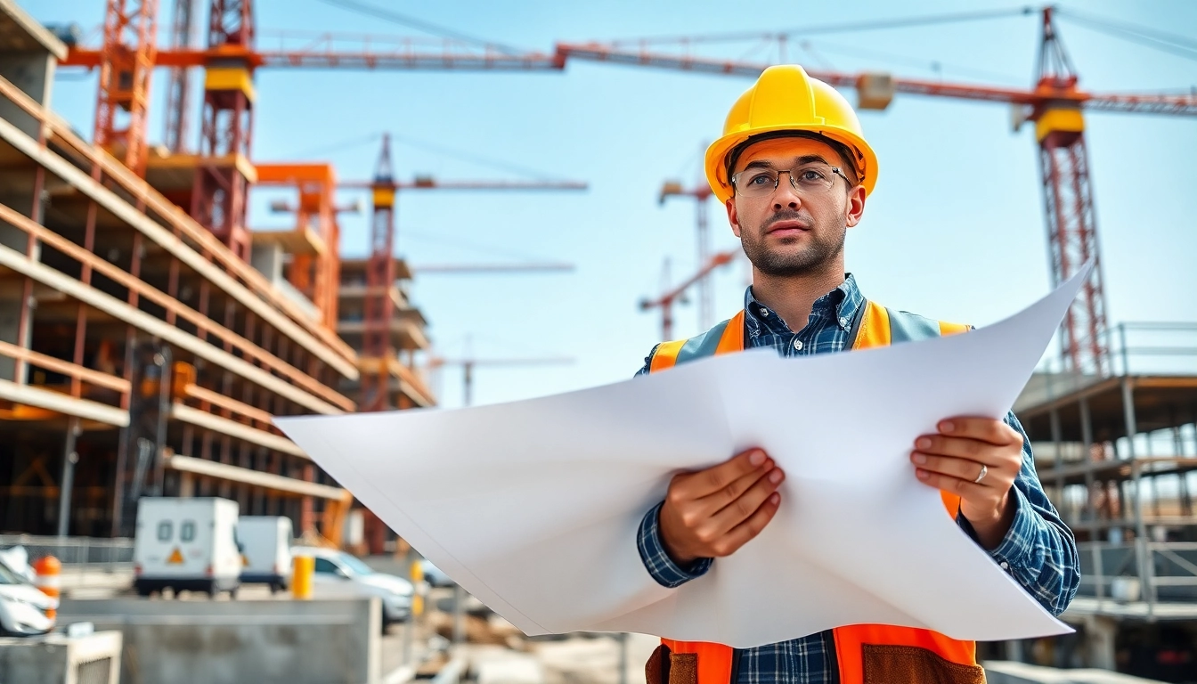 New York Commercial General Contractor reviewing plans on a bustling construction site.