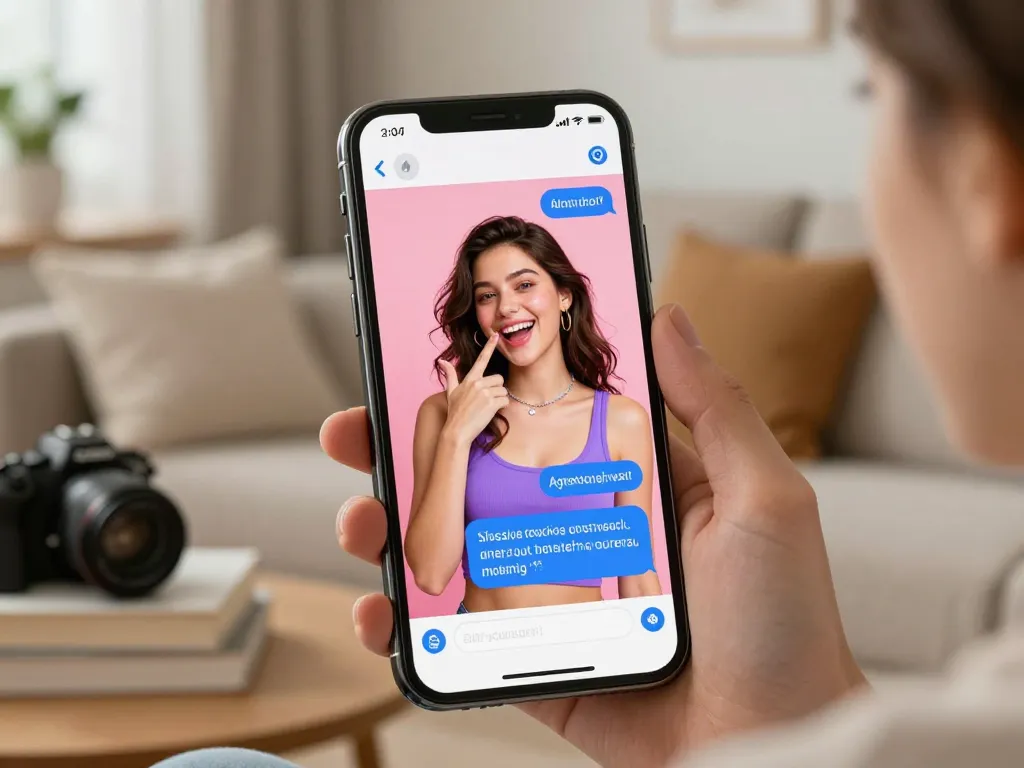 User chatting with an engaging AI slut on smartphone in cozy home setting