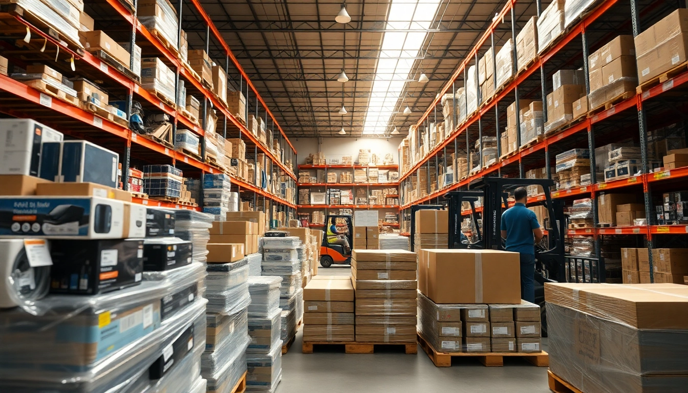 Experience Wholesale Liquidation & Nationwide Shipping with a vibrant warehouse scene filled with diverse products.