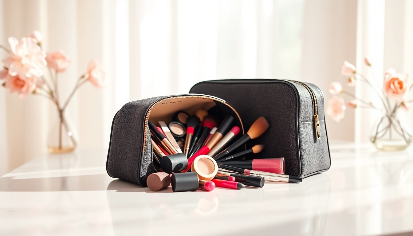 Open skone cosmetics signature makeup bag showing vibrant cosmetics on a vanity.