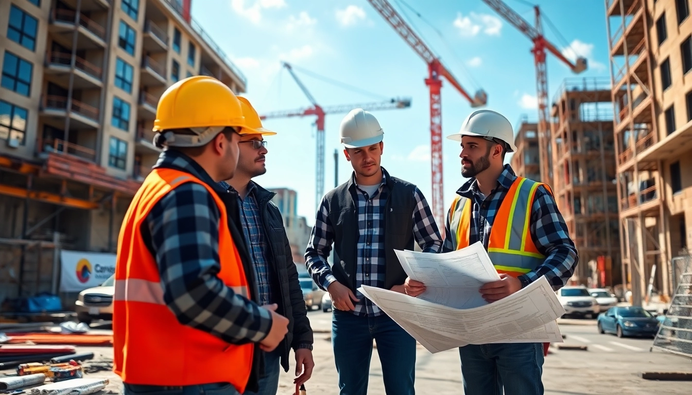 New Jersey Commercial General Contractor team collaborating on site with plans and tools.