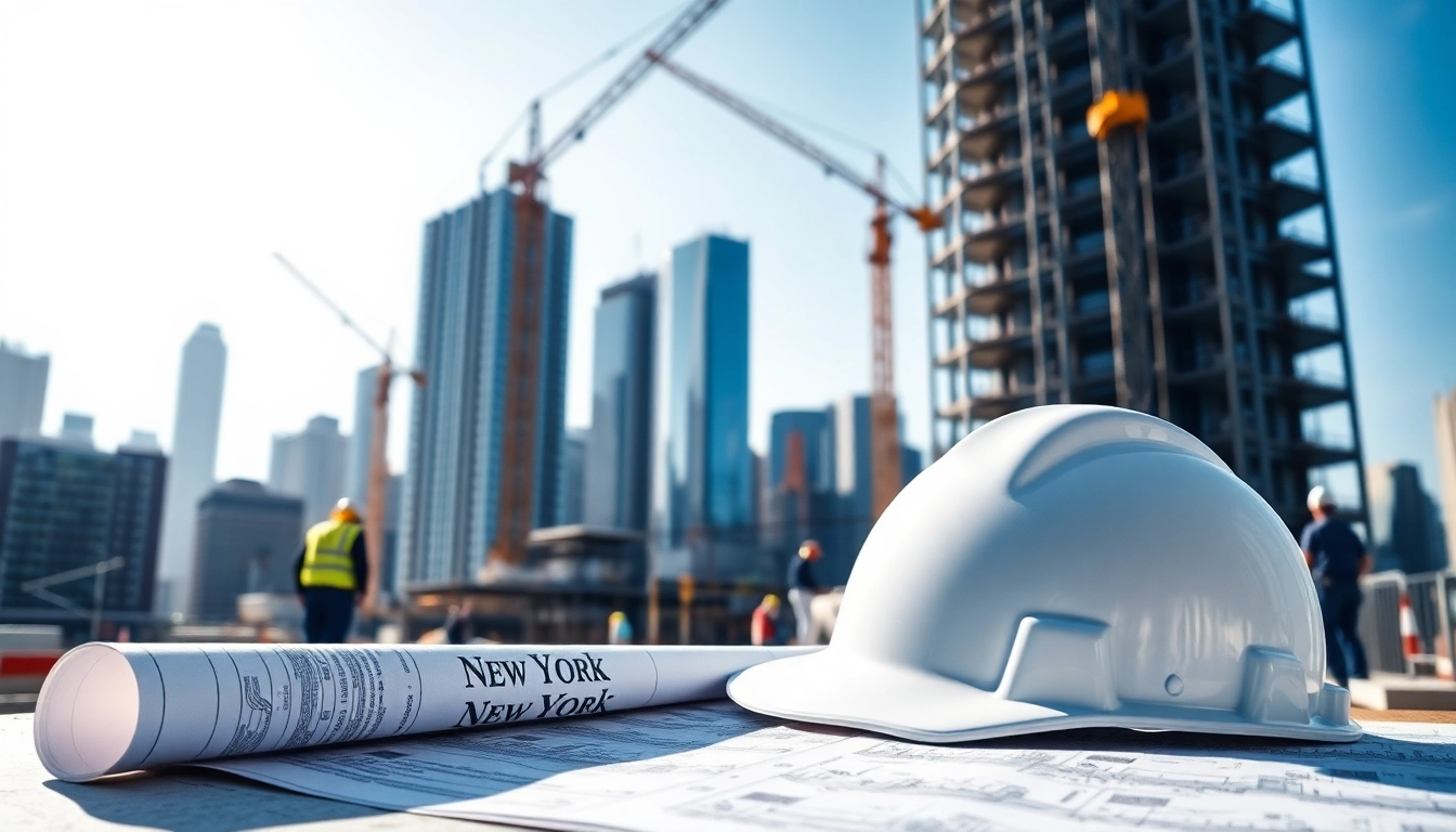 New York Construction Manager reviewing blueprints at a busy construction site.
