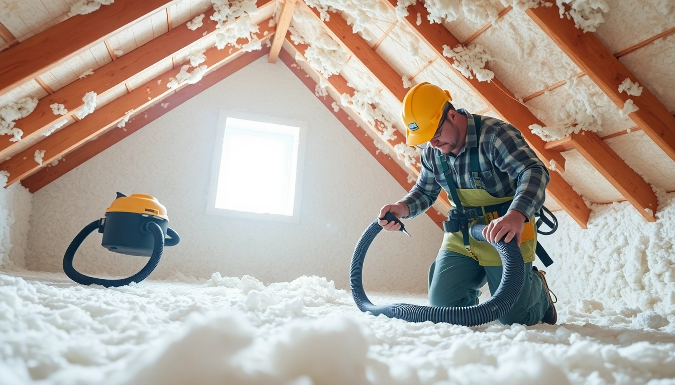 Technician performing spray foam insulation removal in an attic environment.