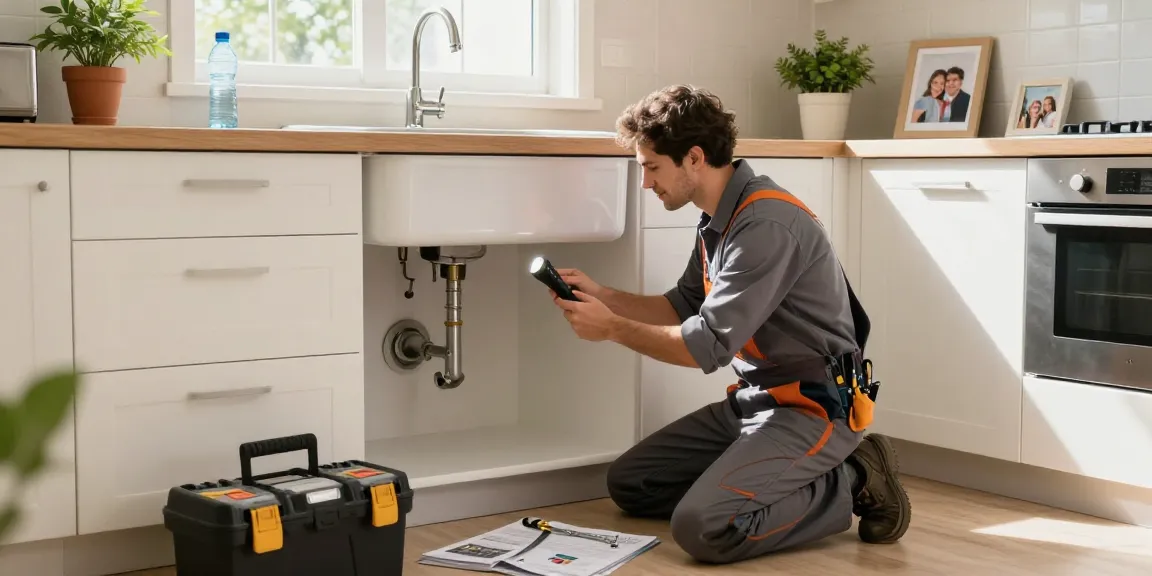 Residential plumbing San Diego plumber inspecting kitchen sink for leaks with tools in bright, inviting home