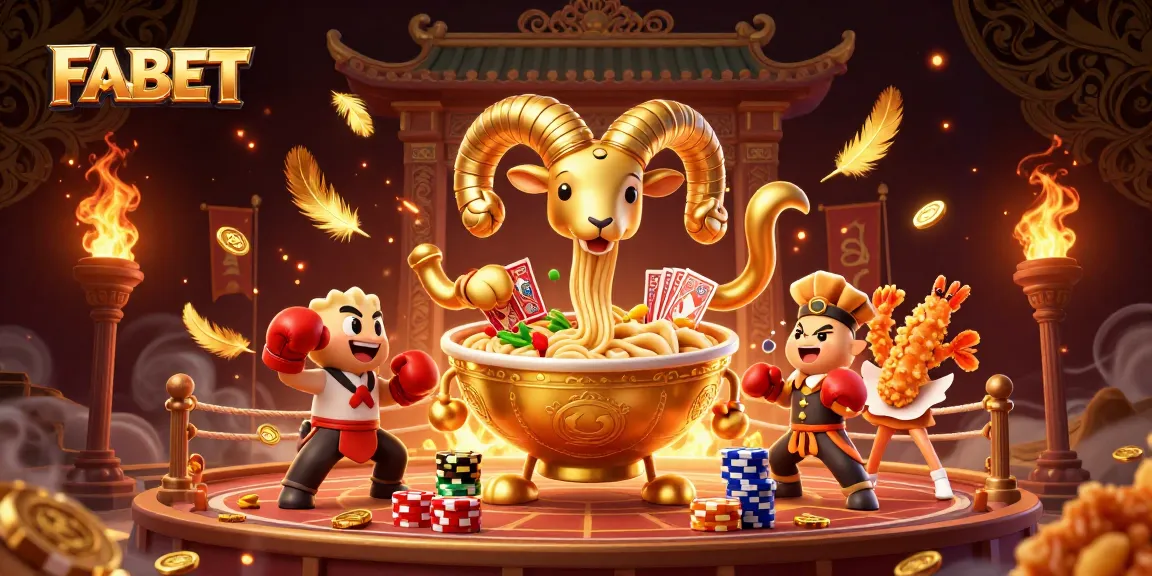 FABET features a vibrant scene with a golden ramen bowl dealer and sushi roll while showcasing thrilling betting action.