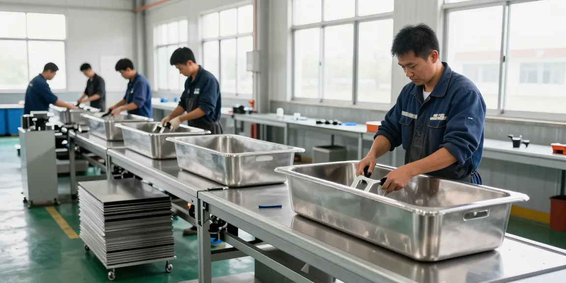 Workers in a stainless steel basin factory assembling high-quality products in a bright workspace.