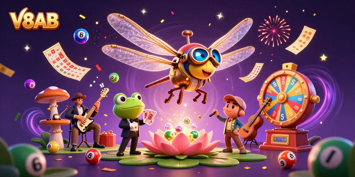 Engage with vibrant V8AB gaming experiences featuring a dragonfly pilot and lively casino scene.