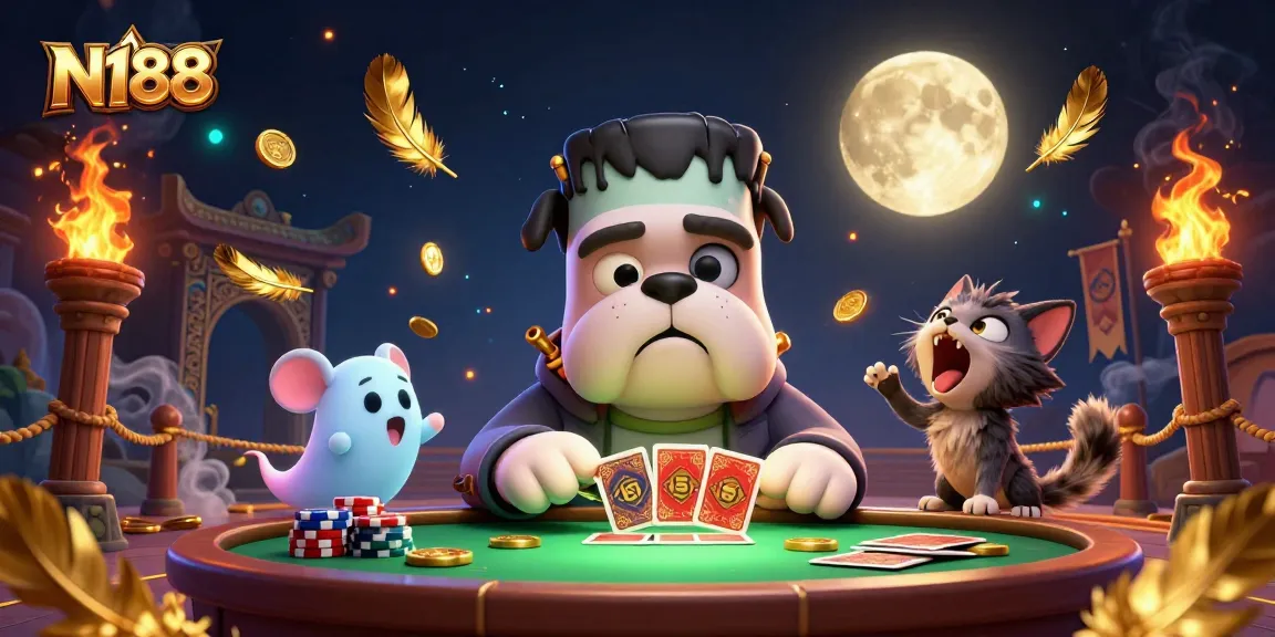 N188's lively casino scene where a Frankenstein bulldog deals cards amidst ghostly elements and golden tokens.