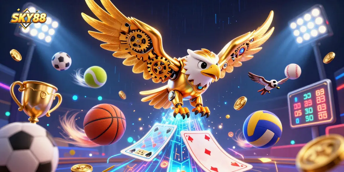 Experience the excitement of SKY88, where a cybernetic eagle dives through holographic cards amid dynamic sports elements.