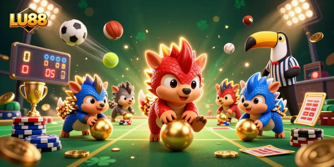 LU88 pangolin characters engaging in vibrant gambling action, showcasing dynamic excitement in a casino setting.
