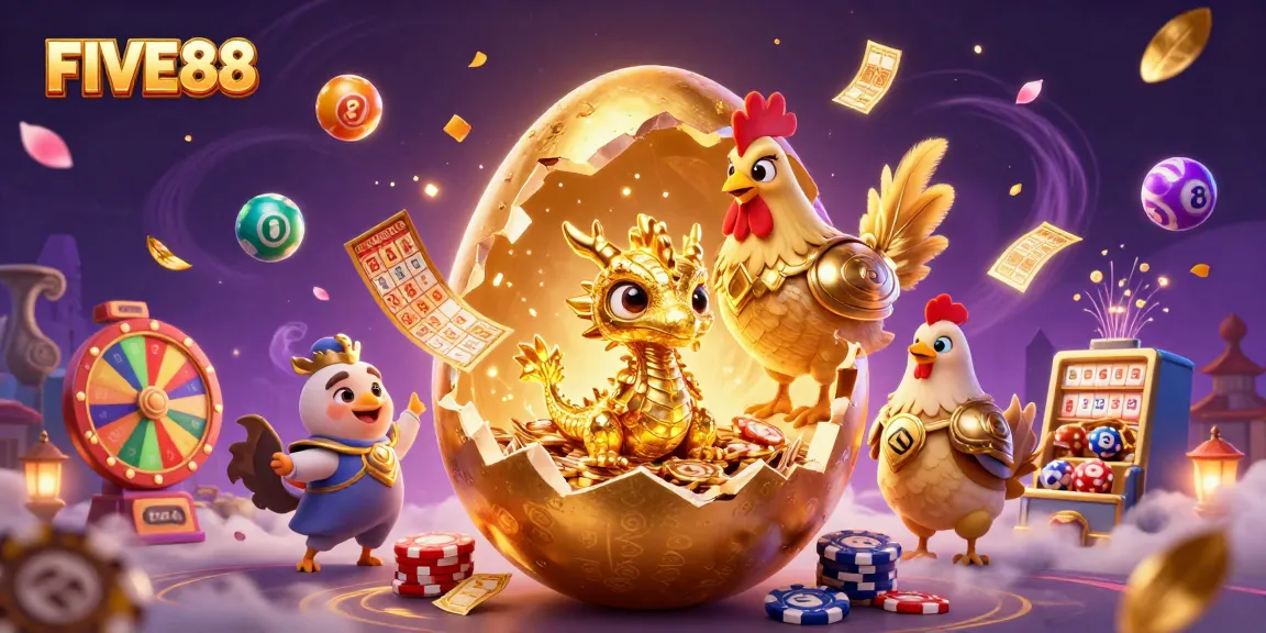 Experience great wins at FIVE88 with a golden dragon and colorful gambling vibes!