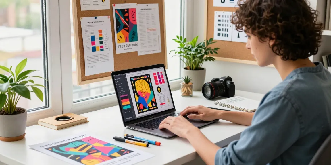 Custom poster printing workspace with vibrant designs and tools.