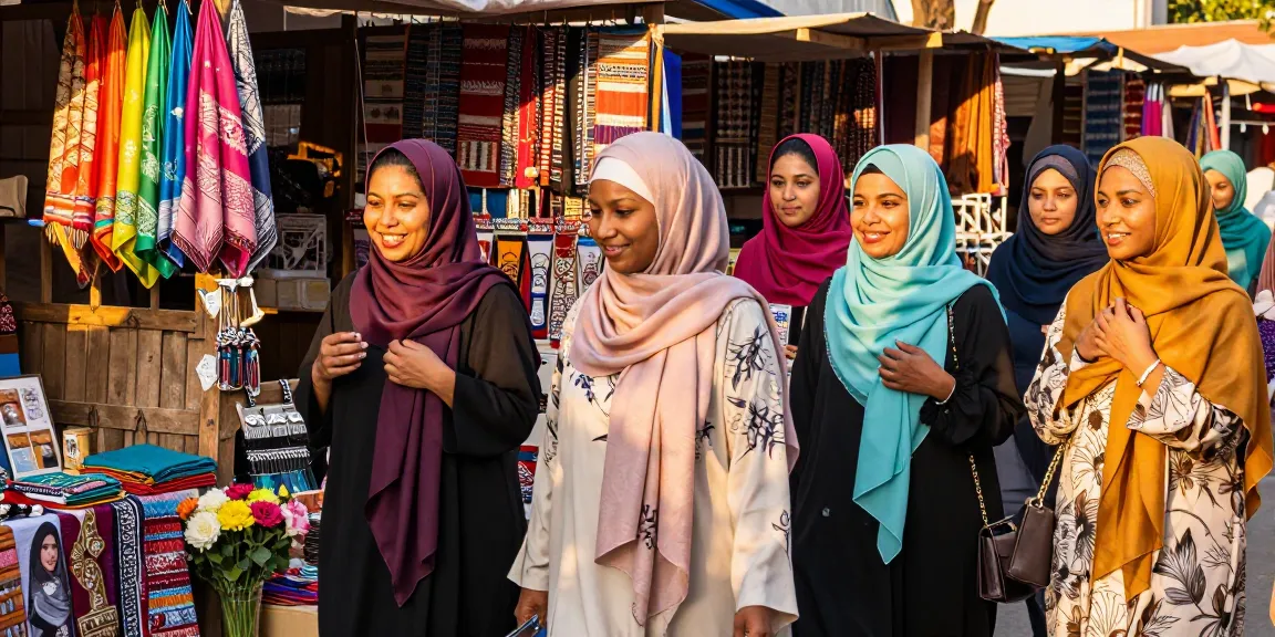 Women exploring hijab store at a lively outdoor market, showcasing vibrant styles and cultural expressions.