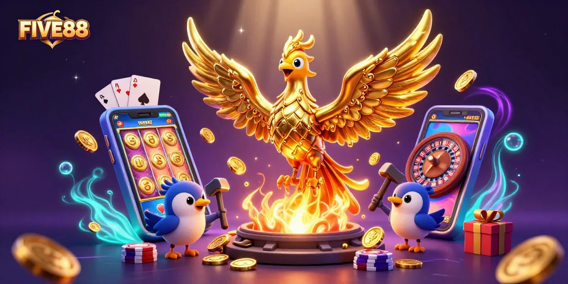 Experience the thrilling FIVE88 casino scene featuring a mythical golden phoenix amidst a vibrant game atmosphere.