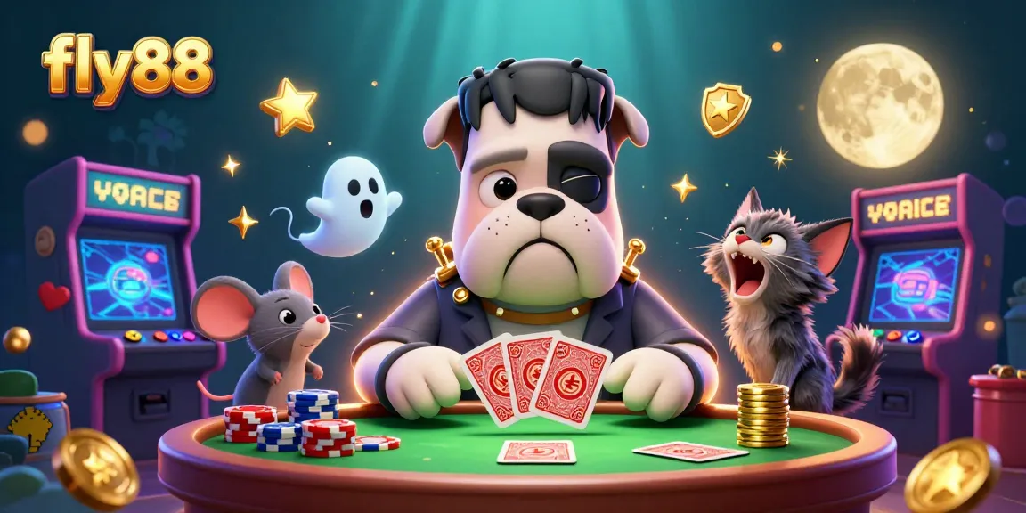 Engaging scene with fly88 featuring a 3D cartoon Frankenstein bulldog dealing cards, a ghost mouse, and a werewolf kitten surrounded by colorful gaming elements.