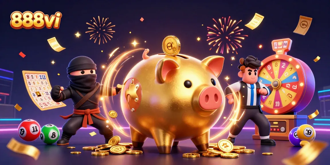 Experience the thrill of winning at 888vi with a dynamic illustration of colorful lottery balls and casino icons.