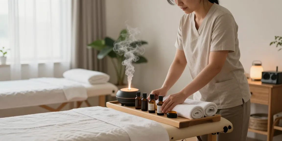 Indulge in 인덕원출장마사지 with a professional therapist setting up a relaxing home massage environment to enhance wellness.