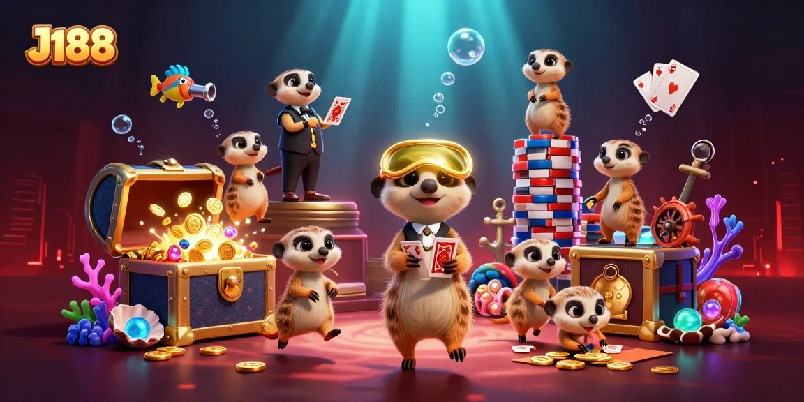 Engage in thrilling gaming action with J188 and a vibrant casino scene featuring animated meerkats.