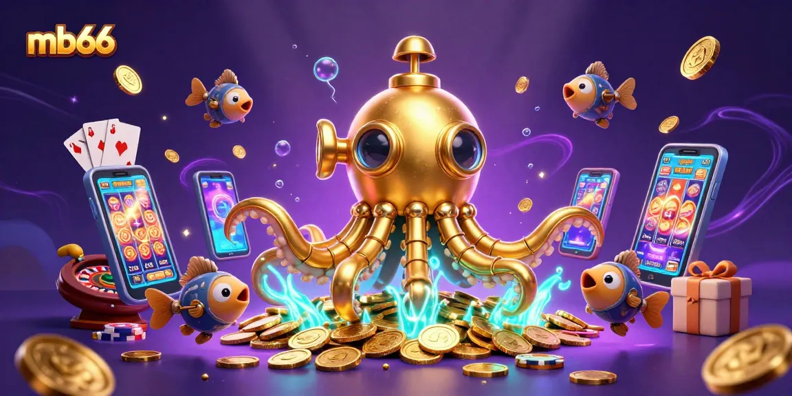 Experience the thrill of winning with mb66 – a vivid illustration of a golden kraken amidst dynamic casino games.