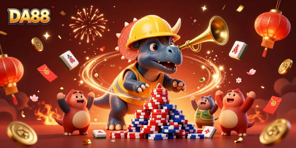 Experience the DA88 action as triceratops builds poker chip pyramids amidst celebratory gaming elements.