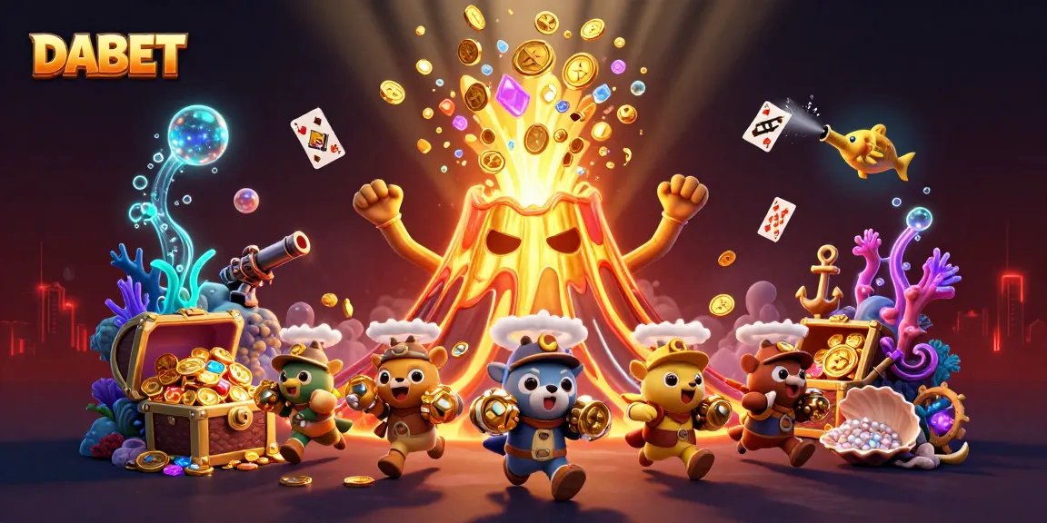 DABET offers thrilling casino adventures as players embrace treasures from an erupting volcano amidst a vibrant gaming scene.