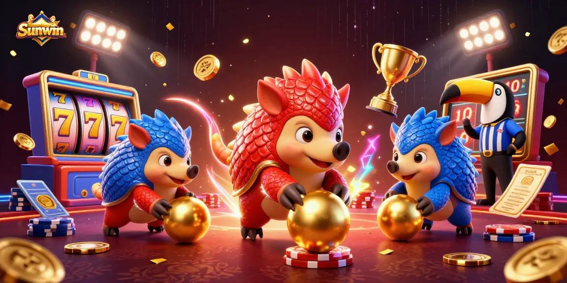 Sunwin pangolins compete in a lively casino scene with dynamic slot elements and gambling excitement.