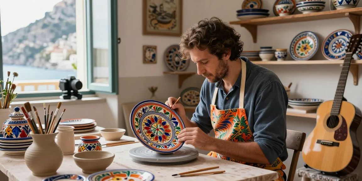 Deruta Ceramics artisan painting a vibrant plate in a scenic workshop.
