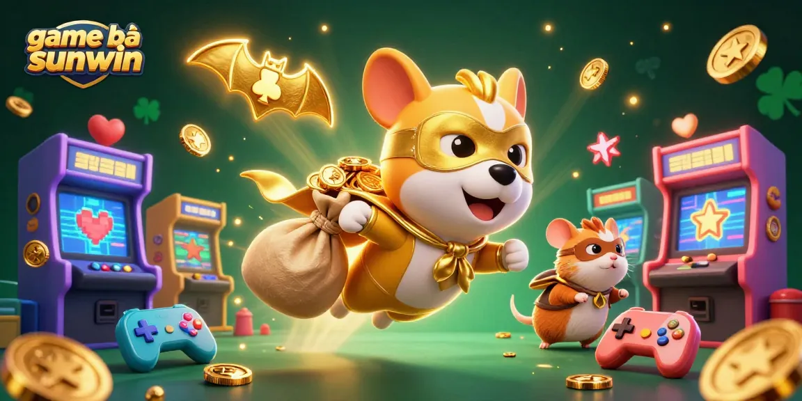 Experience game bài sunwin with a dynamic scene featuring a superhero dog amidst colorful casino-themed elements.